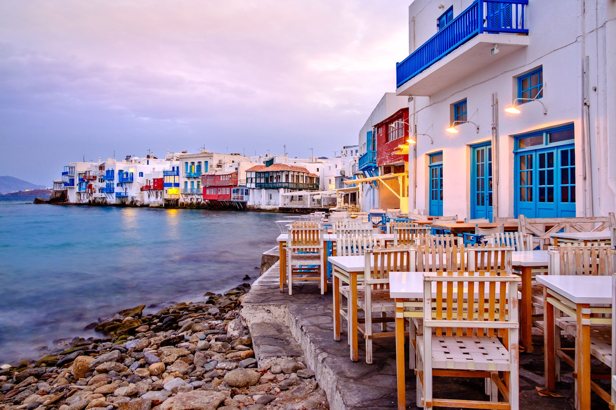 Beautiful,Sunrise,At,Little,Venice,On,Mykonos,Island,,Cyclades,,Greece
