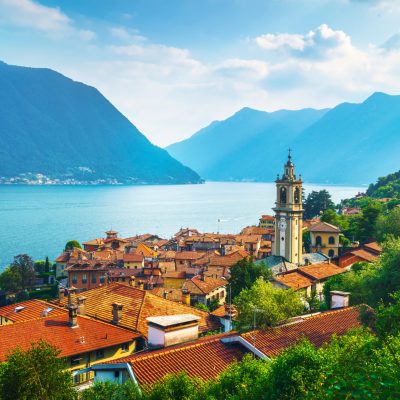 Como,Lake,,Sala,Comacina,Bell,Tower,From,Greenway,Trail.,Italy,