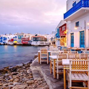 Beautiful,Sunrise,At,Little,Venice,On,Mykonos,Island,,Cyclades,,Greece