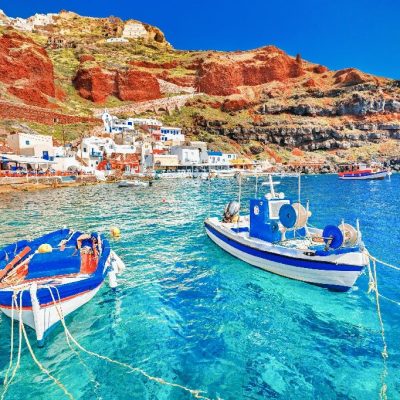 Greece.,Breathtaking,Beautiful,Landscape,Of,Two,Fishing,Boats,Anchored,To