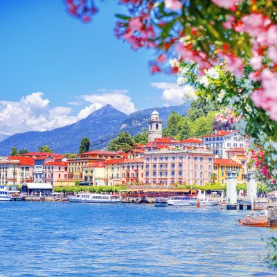 Como lake in Italy. Spectacular view on coastal town - Bellagio, Lombardy. Famous Italian recreation zone and popular European travel destination. Summer scenery.